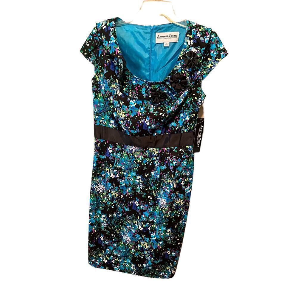 Another Time Dress Women's 10 Multicolor Floral Cotton Lined Round Neck Back Zip
